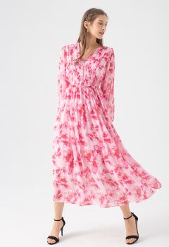 Delicate Floral Shirred Maxi Dress in Hot Pink