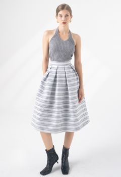 Embossed Houndstooth Sequined Pleated Skirt in Grey