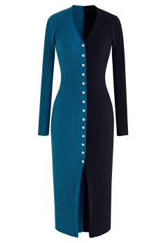 Button Down Two-Tone Spliced Bodycon Knit Dress in Teal