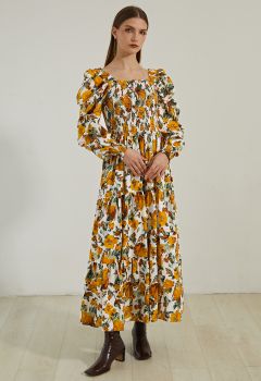 Ebullient Floral Shirred Chiffon Maxi Dress in Orange