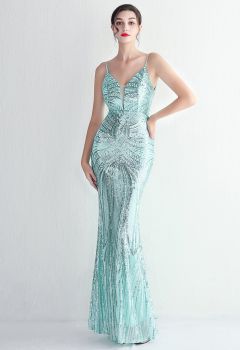Glimmer Sequin Mermaid Cami Gown in Mint