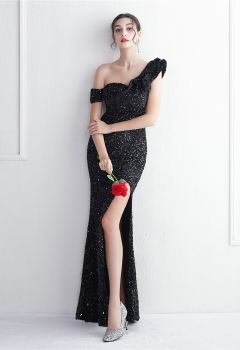 Tiered Ruffle One Shoulder Sequin Slit Gown in Black