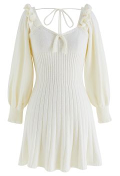 Tie-Bow Scoop Neck Knit Mini Dress in Cream