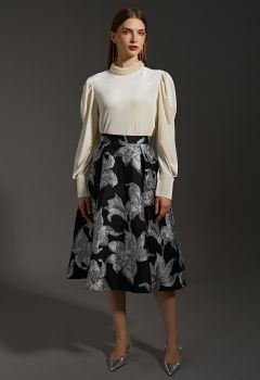 Lily Blossom Metallic Jacquard Midi Skirt in Silver