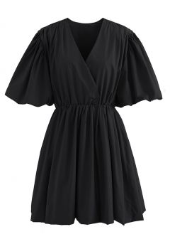 V-Neck Bubble Sleeves Cotton Dress in Black