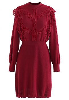 Lace Trims Ribbed Skater Knit Dress in Red