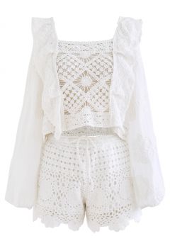 Hollow Out Floral Crochet Cotton Top and Shorts Set in White