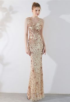 Floral Vine Sequined Mesh Mermaid Gown in Champagne