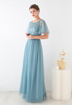 Sequined Vine Flutter Sleeve Mesh Gown in Teal