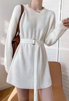 Belted Ribbed Longline Sweater in White