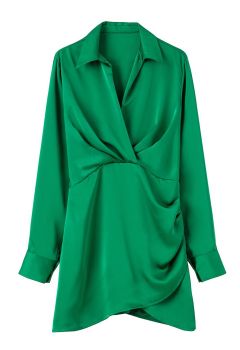 V-Neck Ruched Front Satin Shirt Dress in Green