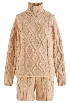 High Neck Braided Knit Sweater and Shorts Set in Tan