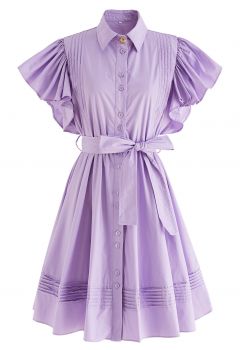 Flutter Sleeve Tie Waist Skater Dress in Lilac
