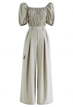 Elastic Ruched Puff Sleeve Wide-Leg Jumpsuit in Pea Green