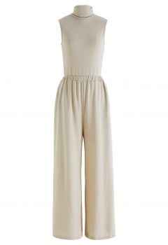 High Neck Sleeveless Top and Pants Set in Sand