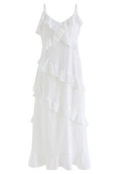 Side Slit Tiered Ruffle Cami Dress in White