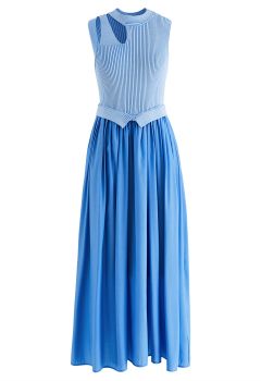 Cutout Neckline Knit Spliced Dress in Blue