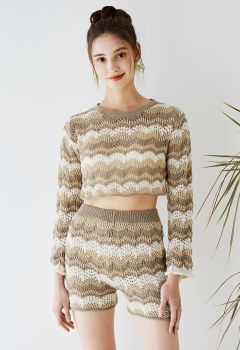Wavy Striped Knit Crop Top and Shorts Set in Brown