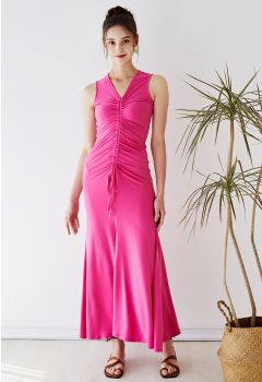 V-Neck Drawstring Ruched Sleeveless Dress in Hot Pink
