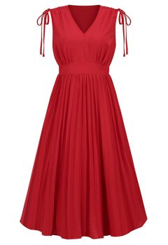 Tie-String Pleated Sleeveless Midi Dress in Red