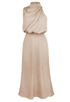 Asymmetric Ruched Neckline Sleeveless Dress in Apricot