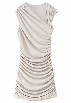 Asymmetric Neckline Ruched Sleeveless Dress