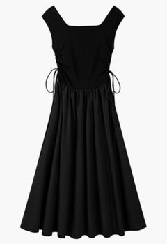 Square Neck Side Drawstring Spliced Sleeveless Dress in Black
