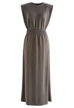 Effortless Pad Shoulder Sleeveless Top and Maxi Skirt Set in Khaki