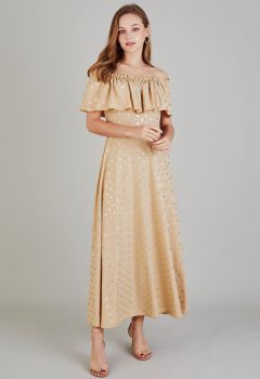 Golden Dotted Ruffled Overlay Off-Shoulder Dress in Apricot