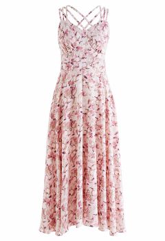 Cross Open Back Floral Printed Cami Midi Dress in Pink