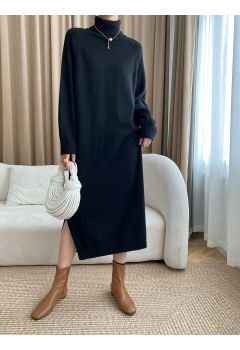 Long Sleeve Turtleneck Cozy Knit Sweater Dress in Black