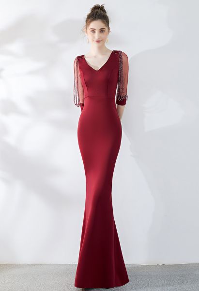 Draped Bead Mesh Sleeve Gown in Burgundy