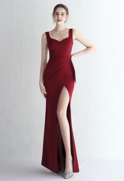 Ruched Waist High Slit Gown in Burgundy