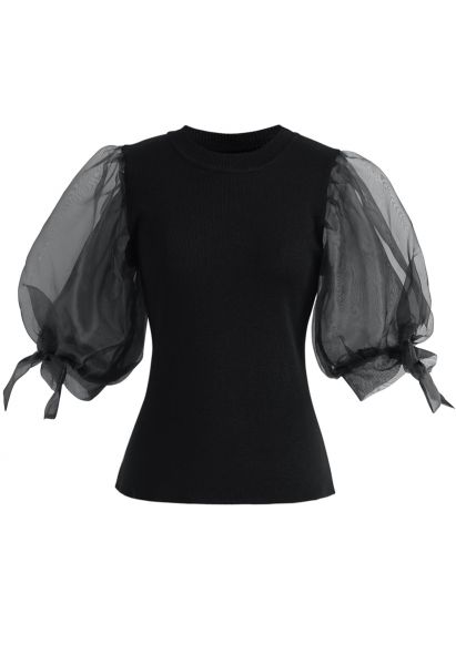 Organza Bubble Sleeves Knit Top in Black