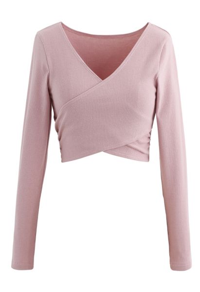 Crisscross Front Long Sleeves Ribbed Top in Pink