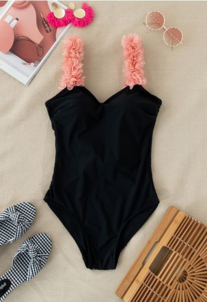 3D Floral Straps Scoop Back Swimsuit in Black