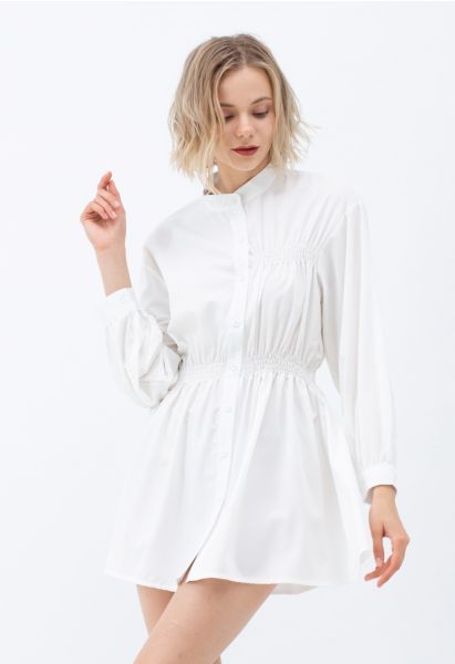 Asymmetric Shirred Button Down Shirt Dress in White