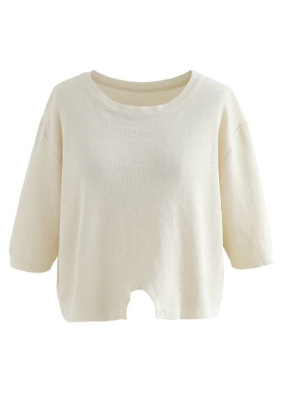 Round Neck Rib Knit Cropped Top in Cream