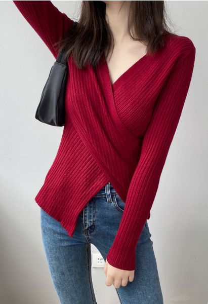 Crisscross Fitted Rib Knit Top in Wine