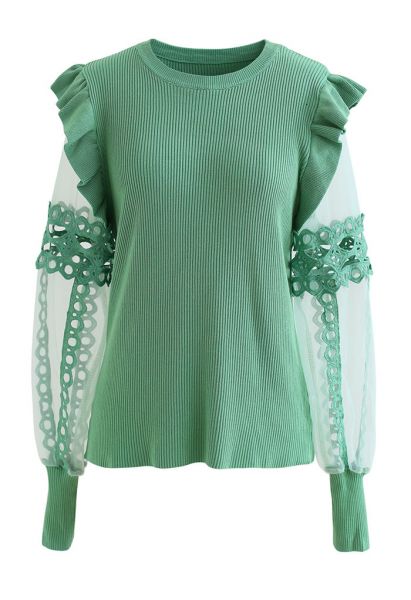 Lace-Adorned Mesh Sleeve Knit Top in Green
