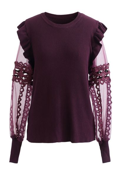 Lace-Adorned Mesh Sleeve Knit Top in Wine
