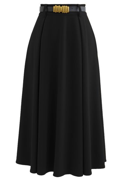 Versatile A-Line Belted Midi Skirt in Black