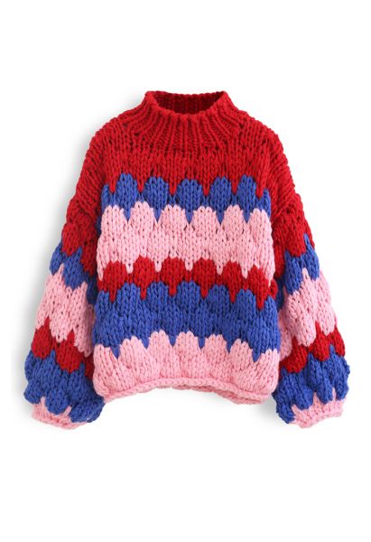 Color Blocked High Neck Hand-Knit Chunky Sweater in Red