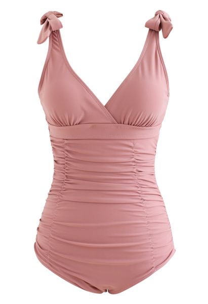 Lace-Up Back Ruched Swimsuit in Dusty Pink