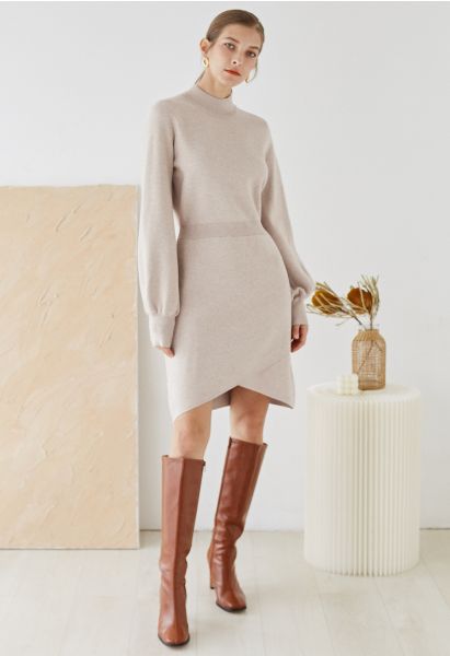 Mock Neck Cross Hem Knit Midi Dress in Light Tan