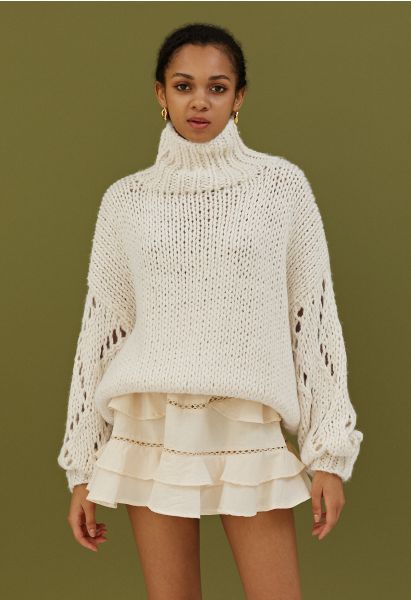 Pointelle Sleeve High Neck Hand-Knit Sweater in Cream