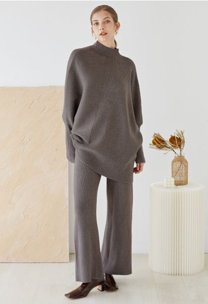 Asymmetric Batwing Sleeve Sweater and Pants Knit Set in Grey