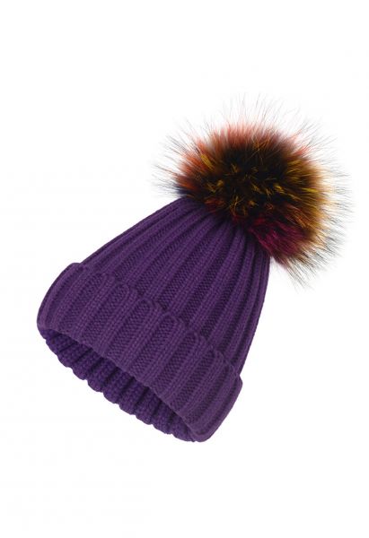 Colorful Pom-Pom Trim Beanie Hat in Purple