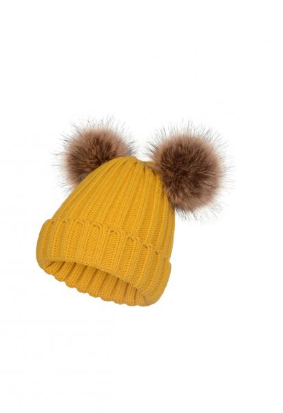 Fuzzy Pom-Pom Knit Beanie Hat in Mustard
