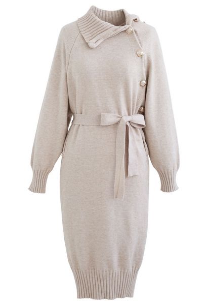 Buttoned Side Flap Collar Knit Midi Dress in Linen